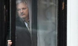Julian Assange au balcon de l'ambassade d'Equateur le 5 février 2016 à Londres