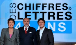 Les animateurs "Des chiffres et des Lettres"  Arielle Boulin-Prat, Bertrand Renard et Laurent Romejko (G à D) au siège de France Télévision à Paris, le 16 février 2012