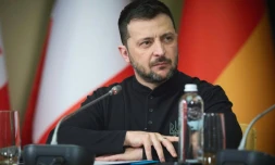 Le président ukrainien Volodymyr Zelensky, le 24 février 2025 à Kiev pendant une visioconférence avec les dirigeants du G7