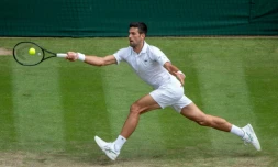 Le Serbe Novak Djokovic face au Hongrois Marton Fucsovics en quart de finale de Wimbledon, le 7 juillet 2021