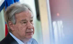 Le secrétaire général des Nations Unies, Antonio Guterres, au cours d'une conférence de presse à Petion-Ville, Haïti, le 16 juin 2026.