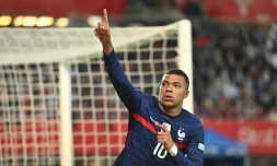 La joie de Kylian Mbappé, après avoir égalisé (1-1) contre l'Autriche, lors du match de Ligue des nations, le 10 juin 2022 au Stade Ernst Happel à Vienne