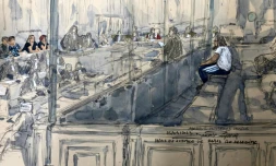 Croquis d'audience au procès de Mohamed Lamine Aberouz (en blanc), le 25 septembre 2023 au palais de justice de Paris