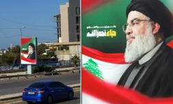 Des affiches du chef du Hezbollah libanais assassiné, Hassan Nasrallah, sur l'autoroute de l'aéroport de Beyrouth, le 24 octobre 2024