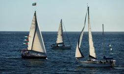 (Photo d'archives) Une flottille transportant de l'aide humanitaire et des activistes propalestiniens et des droits humains part pour Gaza, le 12 septembre 2025 à Ajaccio (France)