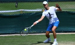Novak Djokovic à l'entraînement sur les installations de Wimbledon, le 26 juin 2022  