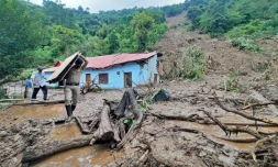 Un glissement de terrain aprÚs de fortes pluies au village de Jadon, dans l'Etat de l'Himachal Pradesh, le 14 août 2023 en Inde