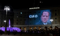 Portrait de l'ancien chef du gouvernement italien Silvio Berlusconi, le 12 juin 2023 au Palais de la rĂ©gion Ligurie, Ă GĂȘnes