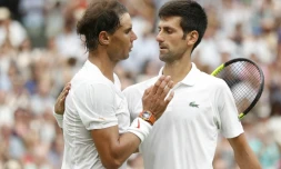 L'Espagnol Rafaël Nadal (g) et le Serbe Novak Djokovic lors des demi-finales de Wimbledon le 14 juillet 2018