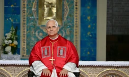 Le pape Léon XIV lors d'une rencontre avec la communauté algérienne à la basilique Notre-Dame d'Afrique, à Alger, le 13 avril 2026