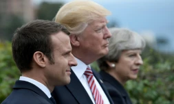Le président français Emmanuel Macron, le président américain Donald Trump et la Première ministre britannique Theresa May, lors du sommet du G7 à Taormina en Sicille, le 26 mai 2017