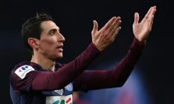 L'attaquant argentin du PSG Angel Di Maria après avoir marqué contre Marseille en quart de finale de la Coupe de France, le 28 février 2018 au Parc des Princes