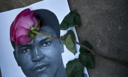 Une rose sur le portrait de Mohamed Ali dans le centre qui porte son nom, le 5 juin 2016 à Louisville dans le Kentucky