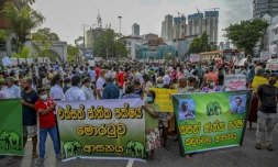 Manifestation contre les pénuries de produits de base, à Colombo le 12 novembre 2021