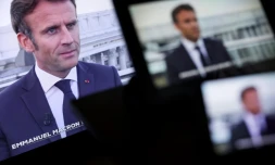 Le président Emmanuel Macron lors d'une interview télévisée sur une chaîne franaçaise pendant sa visite officielle en Ukraine, le 16 juin 2022
