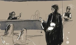 Croquis d'audience réalisé le 2 mai 2022 à Bruxelles lors du procès en correctionnelle de 14 personnes, accusées d'avoir aidé des membres de la cellule jihadiste qui a fomenté les attentats du 13-Novembre 2015 en France