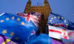 Des drapeaux flottent pendant des manifestations pro et anti Brexit devant le Parlement britannique, le 21 octobre 2019