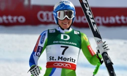 La Slovène Ilka Stuhec en joie dans l'aire d'arrivée après sa victoire en descente aux Mondiaux de ski alpin, le 12 février 2017 à St Moritz 