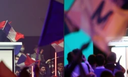 Combo photo réalisé le 7 février 2022 montrant les candidats à l'élection présidentielle Eric Zemmour (G) à Lille et Marine Le Pen à Reims dans des meetings de campagne le 5 février