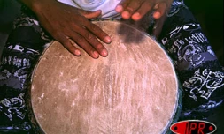 Joueur de roulèr, instrument traditionnel de la musique réunionnaise donnant son rythme au maloya