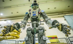 Le robot cosmonaute russe Skybot F-850, alias Fedor, le 26 juillet 2019 au cosmodrome de BaĂŻkonour, au Kazakhstan