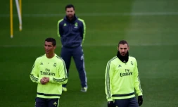 Les attaquants du Real Cristiano Ronaldo et Karim Benzema, à l'entraînement le 19 mars 2016 à Madrid