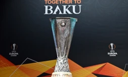 Le trophée de la Ligue Europa exposé lors du tirage au sort des 8e de finale aller, le 22 février 2019 à Nyon