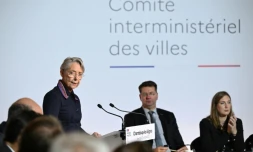 La Première ministre Elisabeth Borne lors d'un Comité interministériel des villes, le 27 octobre 2023 à Chanteloup-les-Vignes, dans les Yvelines
