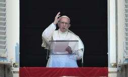 Le pape François fait un discours avant la prière de l'Angelus sur la place Saint-Pierre au Vatican, le 19 août 2018