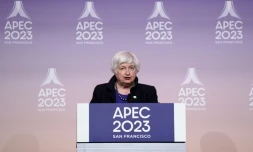 La secrétaire américaine au Trésor, Janet Yellen, lors d'une conférence de presse à l'issue de la premiÚre session de la réunion des ministres des Finances de l'Apec, le 13 novembre 2023 à San Francisco, en Californie