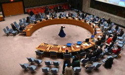 Photo d'archives montrant le Conseil de sĂ©curitĂ© de l'ONU le 28 fĂ©vrier 2022 lors d'une premiĂšre session consacrĂ©e Ă la crise humanitaire en Ukraine due Ă l'invasion de la Russie. Une deuxiĂšme rĂ©union sur ce mĂȘme thĂšme a Ă©tĂ© organisĂ©e le 7 mars 2022