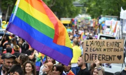 Des participants à la Marche des fiertés à Paris bradissent le drapeau arc en ciel et des pancartes, le 25 juin 2022