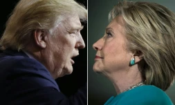 Montage réalisé le 7 novembre  2016 du candidat républicain à présidentielle américaine Donald Trump à Cleveland (Ohio) le 22 octobre 2016 et de sa rivale démocrate Hillary Clinton à Manchester (New Hampshire) le 6 novembre 2016