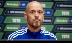 L'entraßneur de l'Ajax Amsterdam Erik ten Hag, qui rejoindra la saison prochaine Manchester United, en conférence de presse à Amsterdam le 15 avril 2022
