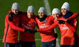Les joueurs du PSG Marquinhos, Neymar, Lucas, Thiago Silva et Layvin Kurzawa à l'entraînement, le 28 novembre 2017 à Saint-Germain-en-Laye 