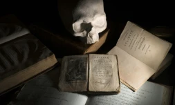 Un moulage du crâne du marquis de Sade et une édition de "Justine" de 1801, à Boulogne-Billancourt le 21 mai 2014