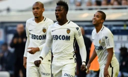 L'attaquant Keita Baldé (c) exulte  après avoir ouvert le score pour Monaco face à Bordeaux au Matmut Atlantique, le 28 octobre 2018    