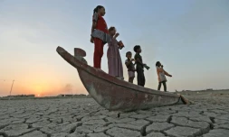 Des enfants jouent sur une barque dans les marais asséchés de Chibayich, dans le sud de l'Irak, le 24 juillet 2022