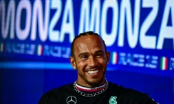 Le pilote Mercedes Lewis Hamilton lors d'un point presse à Monza, le 31 août 2023