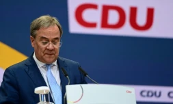 Armin Laschet, président de la CDU et candidat à la succesion d'Angela Merkel, lors d'une conférence de presse après les résultats aux législatives, le 27 septembre 2021 à Berlin