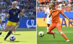 Combophoto représentant les attaquantes suédoise Stina Blackstenius (g) et néerlandaise Vivianne Miedema, réalisée le 2 juillet 2019
