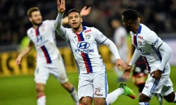 Le milieu de terrain de Lyon Corentin Tolisso, après l'un de ses deux buts face à Dijon, le 19 février 2017 au Parc OL