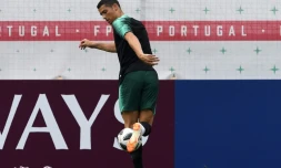 L'attaquant du Portugal, Cristiano Ronaldo pendant un entrainement à Kratovo, à l'extérieur de Moscou, le 19 juin 2018 pendant la Coupe du monde 2018  