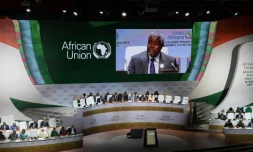 Le président de la commission de l'Union africaine Moussa Faki Mahamat, le 4 juillet 2019, devant les ministres des Affaires étrangÚres de l'UA réunie en sommet à Niamey
