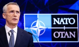 Le secrétaire général de l'Otan Jens Stoltenberg lors d'une conférence de presse au siÚge de l'Alliance, le 3 avril 2023 à Bruxelles