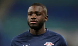 Dayot Upamecano le 30 janvier 2021 lors du match de Bundesliga entre Leipzig et le Bayer Leverkusen, Ă Leipzig.