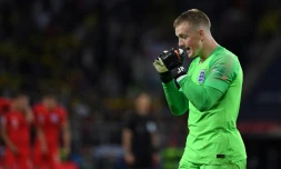 Le gardien de l'Angleterre Jordan Pickford lors de la séance des tirs au but face à la Colombie en 8e de finale du Mondial, le 3 juillet 2018 à Moscou 