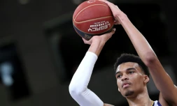 Victor Wembanyama lors d'un match de son équipe française des Metropolitans 92, le 16 mai 2023 à Levallois-Perret, près de Paris