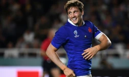 Le demi de mêlée du XV de France Baptiste Serin en joie après avoir inscrit un essai contre les Etats-Unis au Mondial, le 2 octobre 2019 à Fukuoka