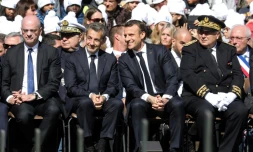 De gauche à droite: Jean-Michel Blanquer, Nicolas Sarkozy, Emmanuel Macron et le préfet de Savoie Pierre Lambert lors de la cérémonie d'hommage aux résistants des Glières, le 31 mars 2019 à Thônes